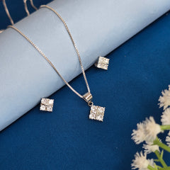 925 Sterling Silver Classic Square Sparkle Pendant Set