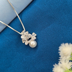 925 Sterling Silver Floral Pearl Pendant Set with Stud Earrings