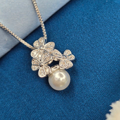 925 Sterling Silver Floral Pearl Pendant Set with Stud Earrings