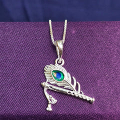 925 Sterling Silver Peacock Feather & Flute Design Chain Pendant