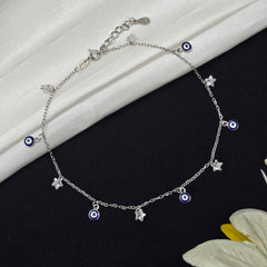 925 Sterling Silver Evil Eye & Star Charm Anklet
