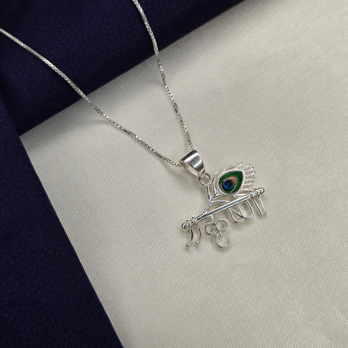 925 Silver Mor Pankh Krishna Name Chain Pendant